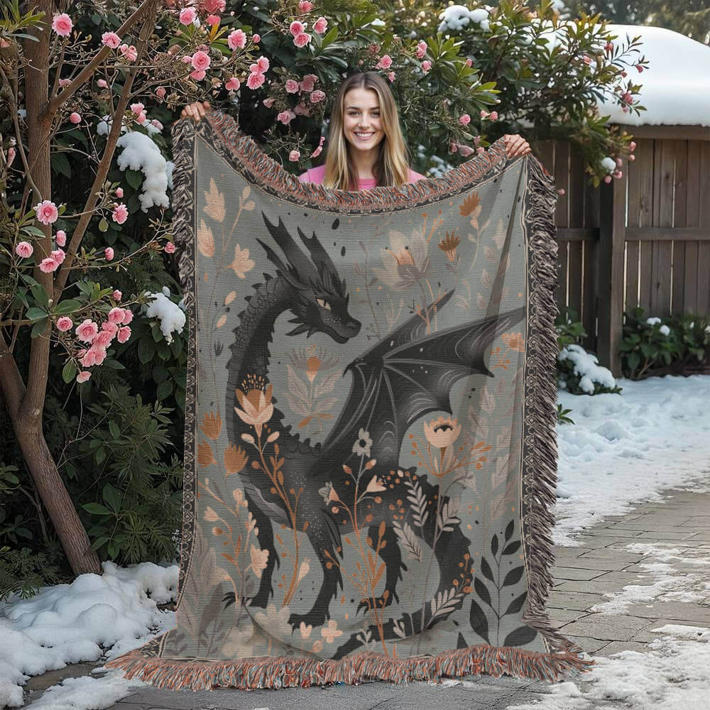 Whimsical Floral Black Dragon Woven Blanket-Offbeat Opulence