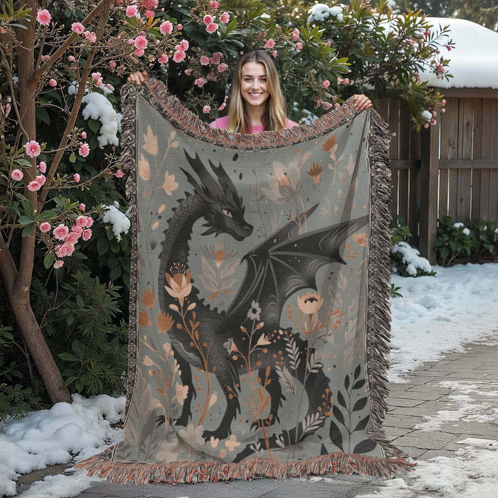 Whimsical Floral Black Dragon Woven Blanket - Offbeat Opulence