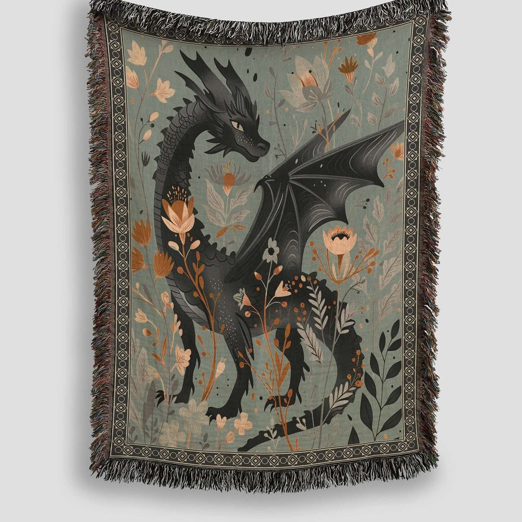 Whimsical Floral Black Dragon Woven Blanket-Offbeat Opulence