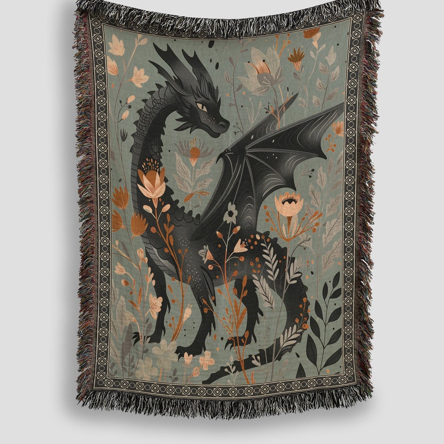 Whimsical Floral Black Dragon Woven Blanket - Offbeat Opulence