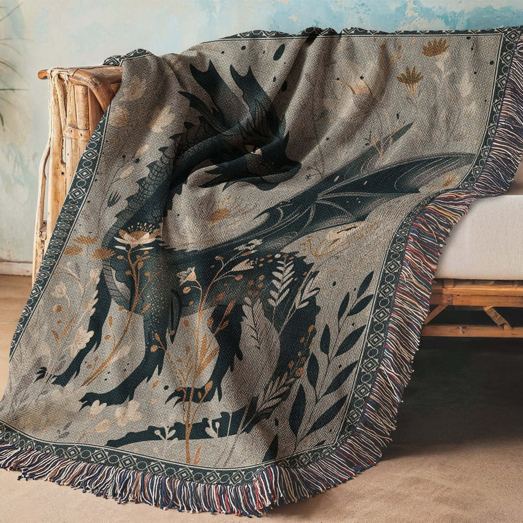 Whimsical Floral Black Dragon Woven Blanket-Offbeat Opulence