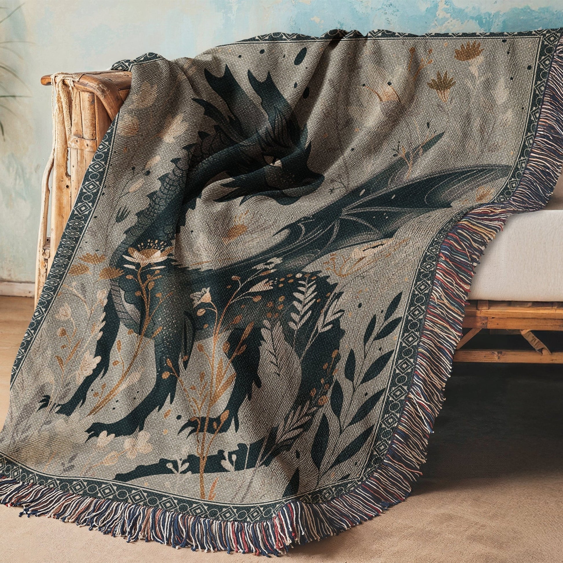 Whimsical Floral Black Dragon Woven Blanket - Offbeat Opulence