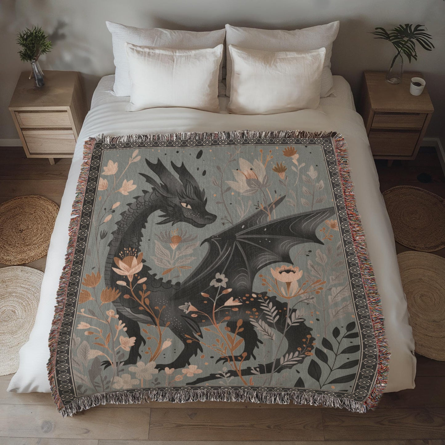 Whimsical Floral Black Dragon Woven Blanket - Offbeat Opulence