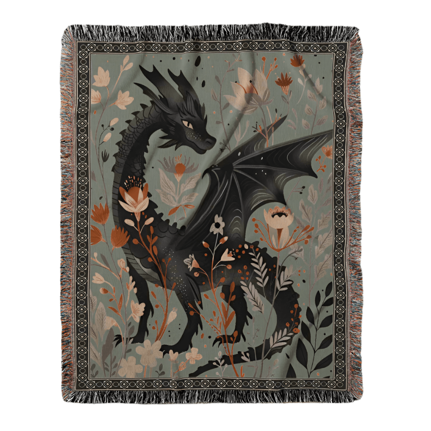 Whimsical Floral Black Dragon Woven Blanket-Offbeat Opulence
