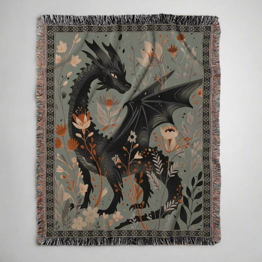 Whimsical Floral Black Dragon Woven Blanket - Offbeat Opulence