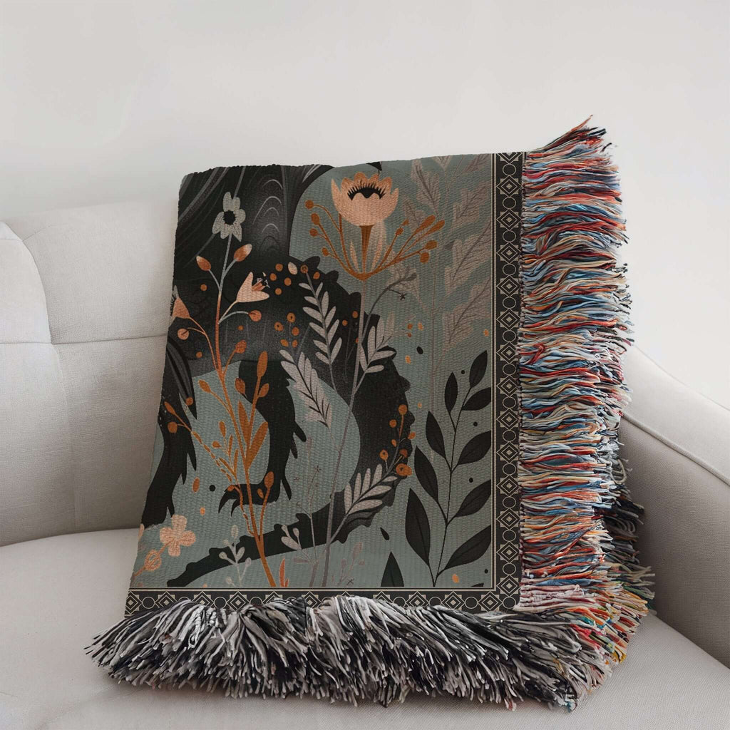 Whimsical Floral Black Dragon Woven Blanket-Offbeat Opulence