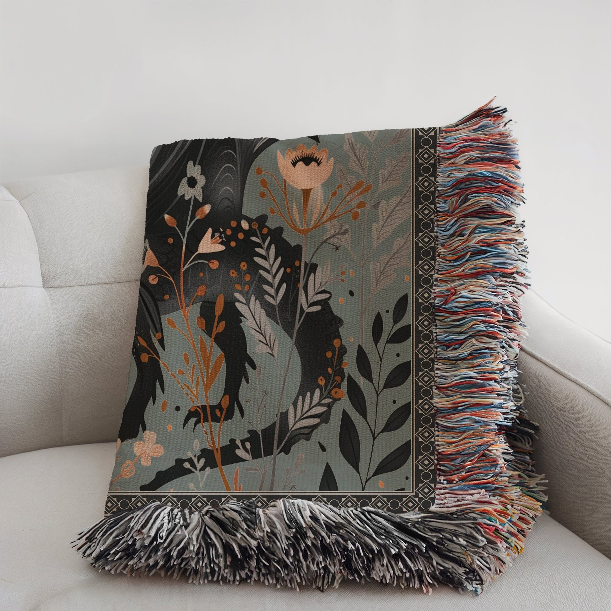 Whimsical Floral Black Dragon Woven Blanket - Offbeat Opulence