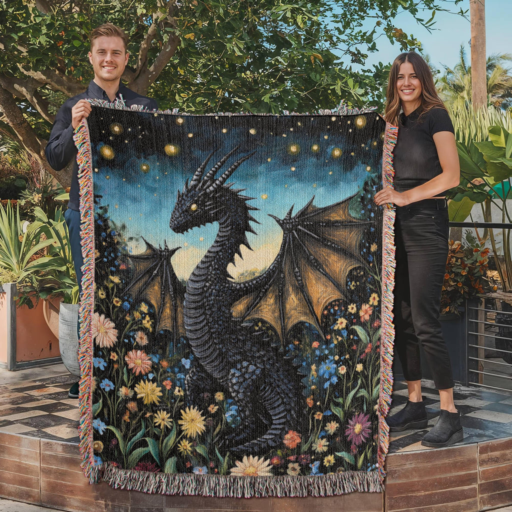 Whimsical Storybook Garden Dragon – Woven Blanket-Offbeat Opulence