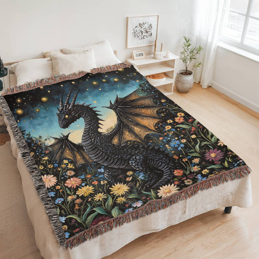 Whimsical Storybook Garden Dragon – Woven Blanket-Offbeat Opulence