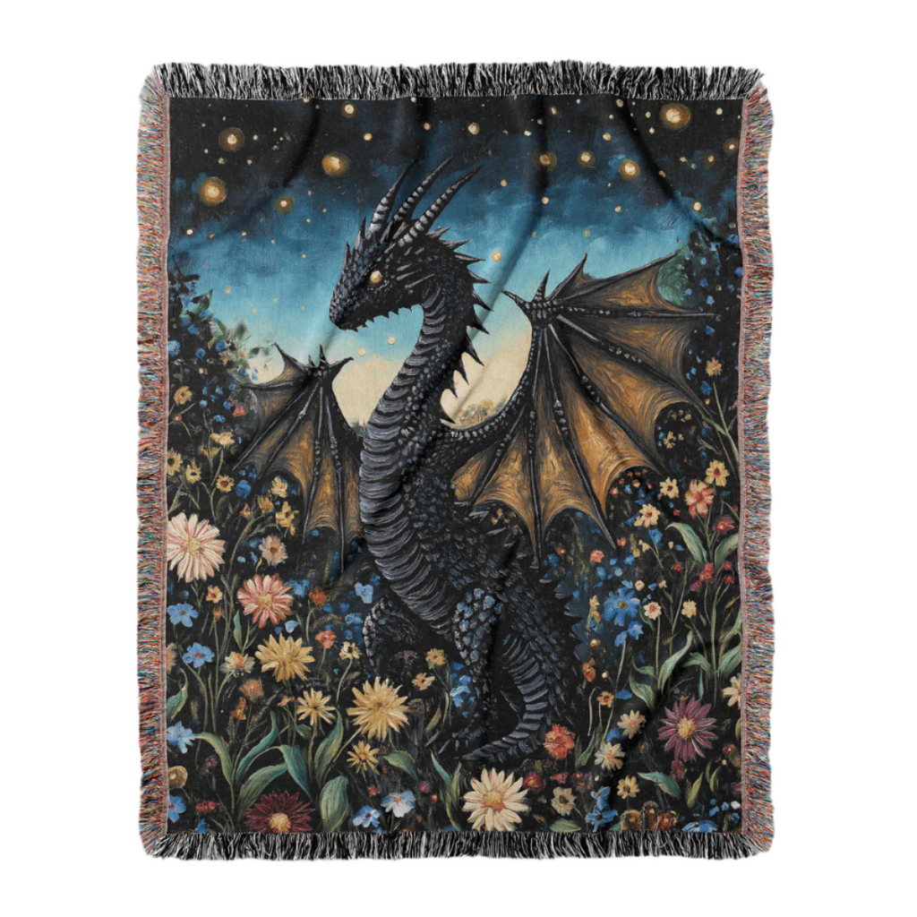 Whimsical Storybook Garden Dragon – Woven Blanket-Offbeat Opulence