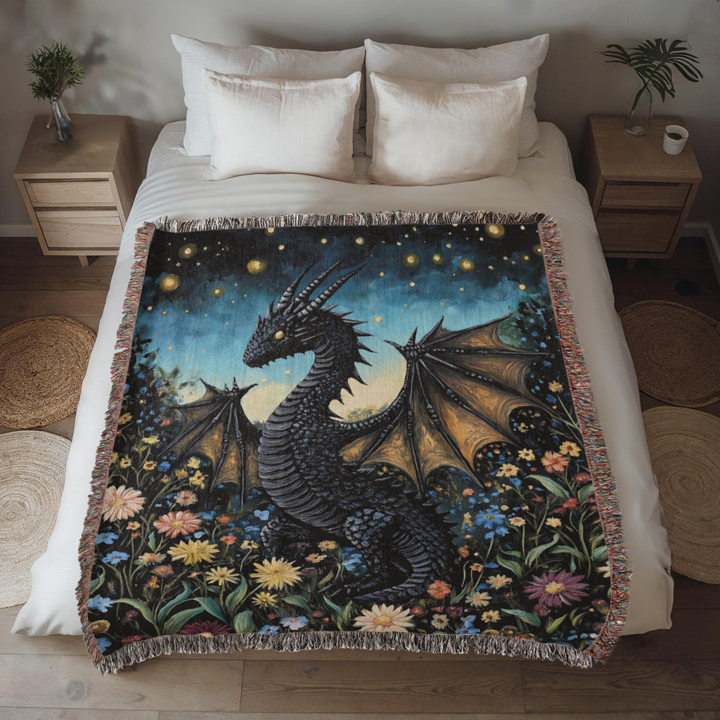 Whimsical Storybook Garden Dragon – Woven Blanket-Offbeat Opulence