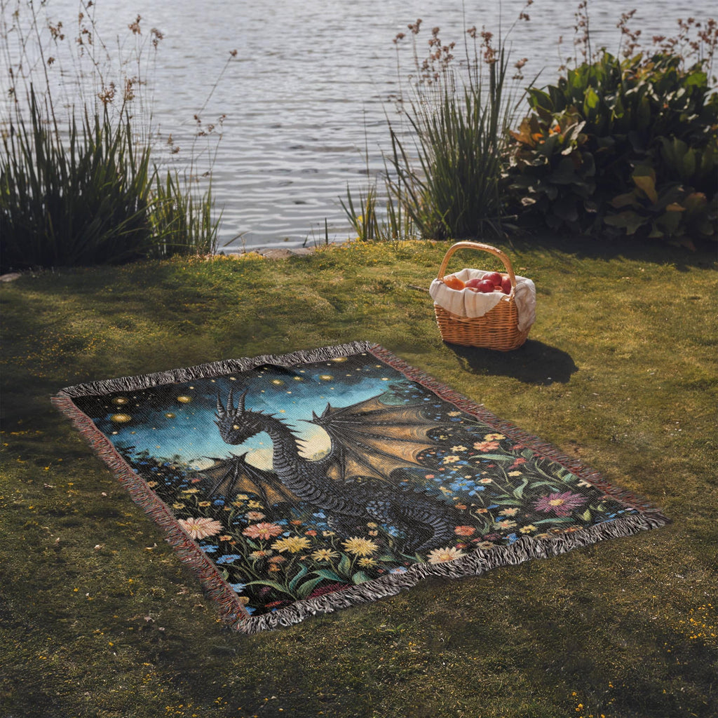 Whimsical Storybook Garden Dragon – Woven Blanket-Offbeat Opulence