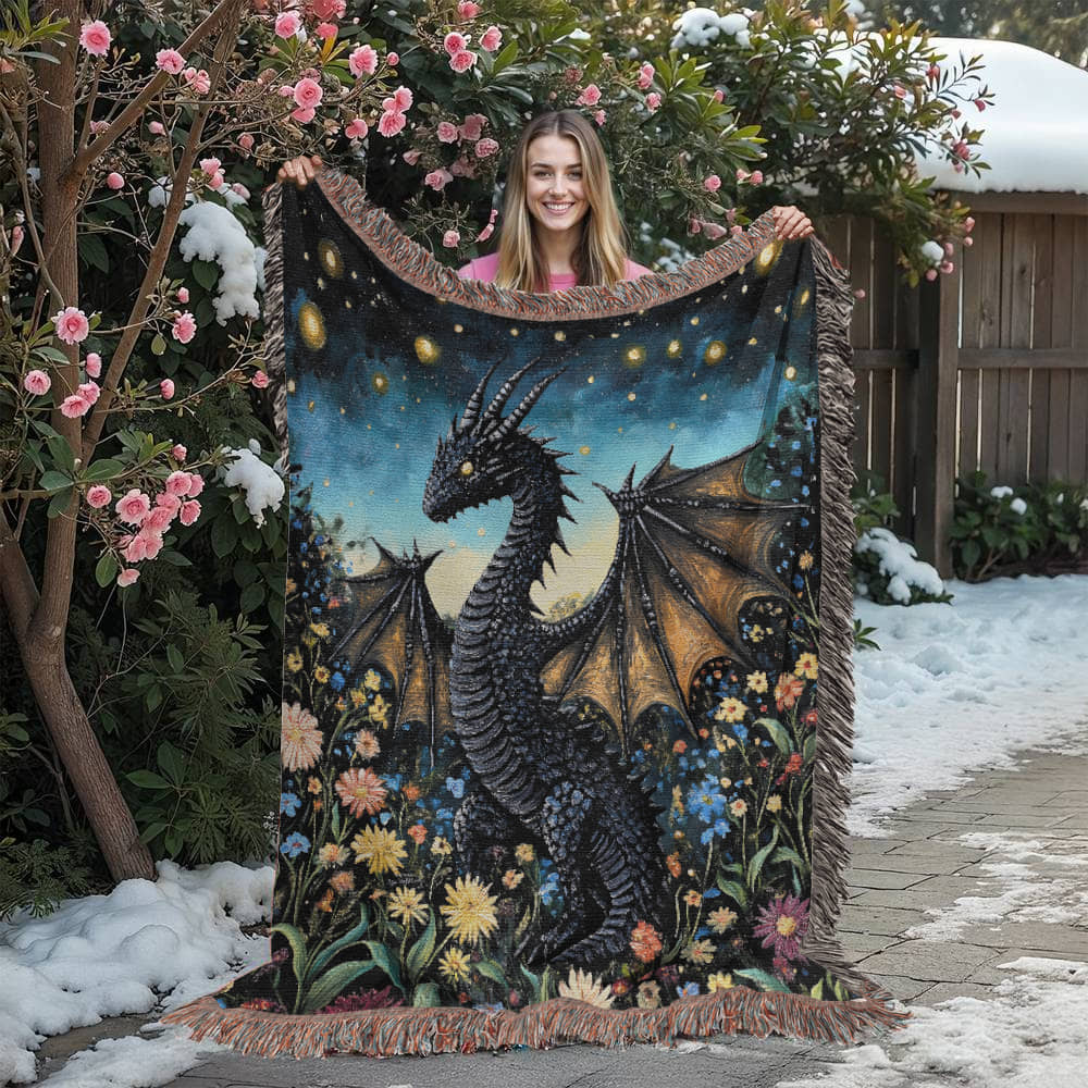 Whimsical Storybook Garden Dragon – Woven Blanket-Offbeat Opulence