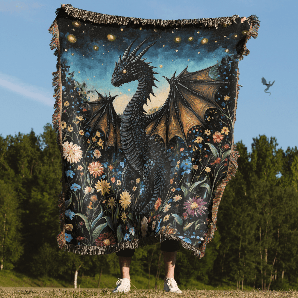 Whimsical Storybook Garden Dragon – Woven Blanket-Offbeat Opulence