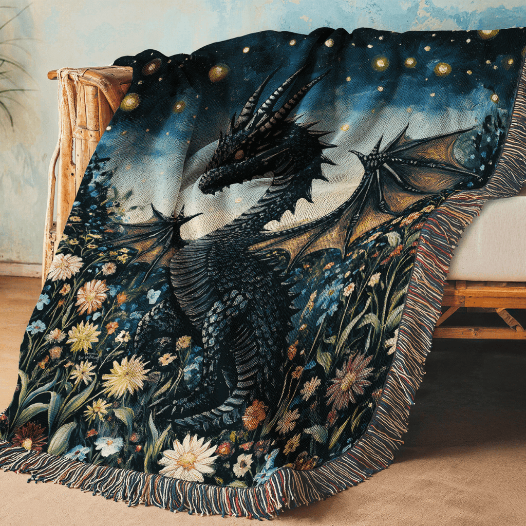 Whimsical Storybook Garden Dragon – Woven Blanket-Offbeat Opulence