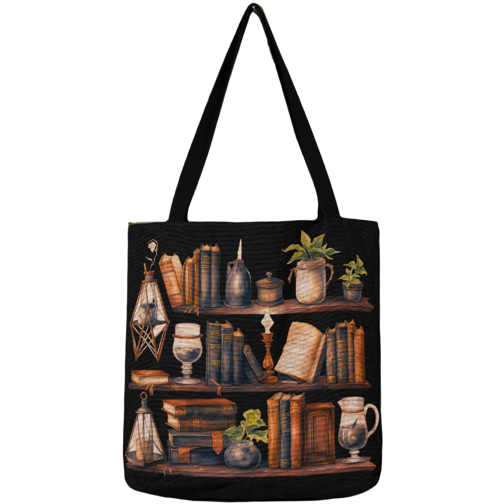 Witch’s Library Woven Tote – A Spellbinding Literary Companion-Offbeat Opulence