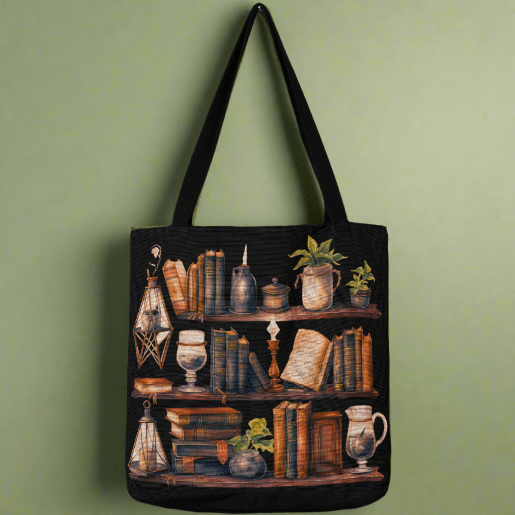 Witch’s Library Woven Tote – A Spellbinding Literary Companion - Offbeat Opulence