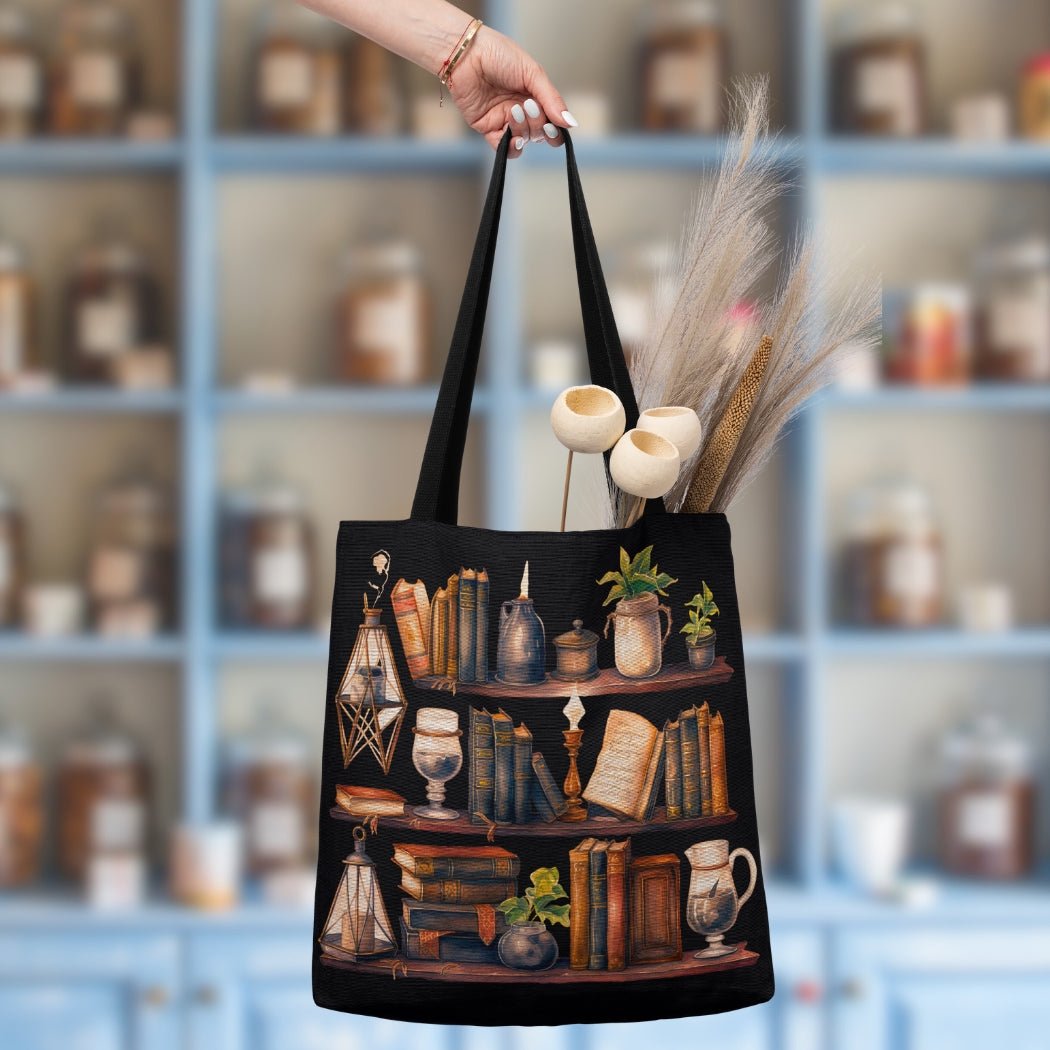 Witch’s Library Woven Tote – A Spellbinding Literary Companion - Offbeat Opulence