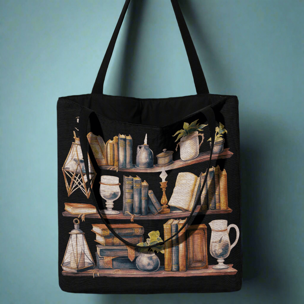 Witch’s Library Woven Tote – A Spellbinding Literary Companion-Offbeat Opulence
